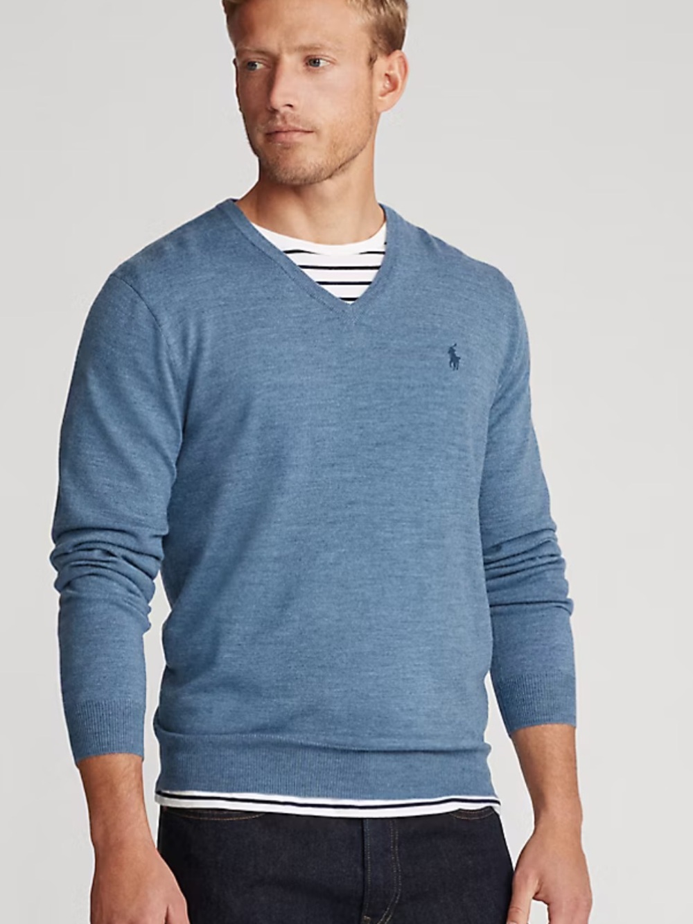 Polo by Ralph Lauren Men’s V-Neck Sweater in Blue Heather Soft Merino Wool L